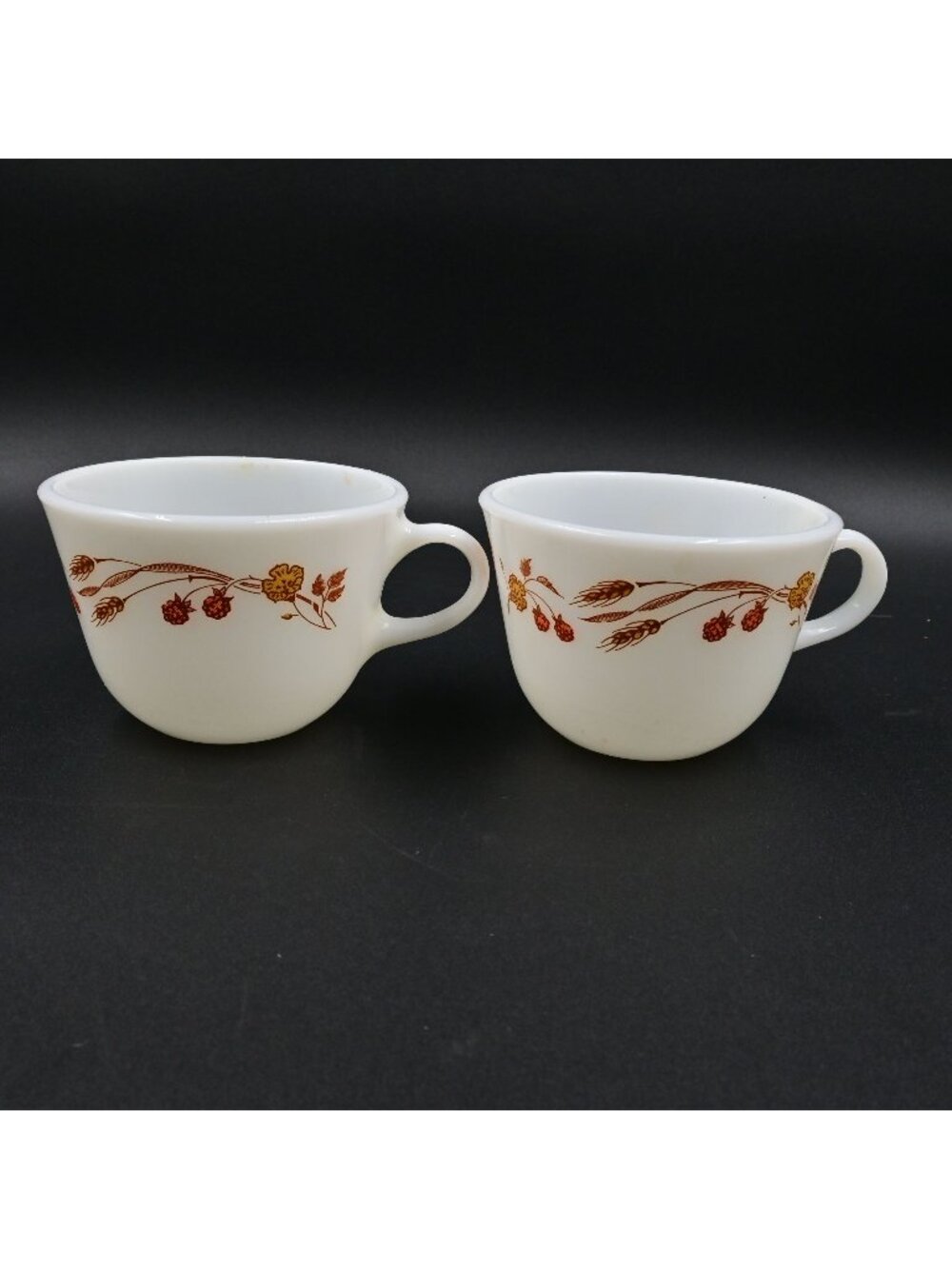 Pyrex Harvest Home Milk Glass Coffee Cups C-Handle Set of 2 Vintage